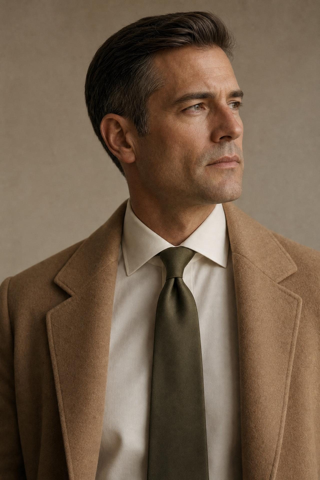 A gentleman in a camel topcoat over a cream shirt and a solid olive silk tie