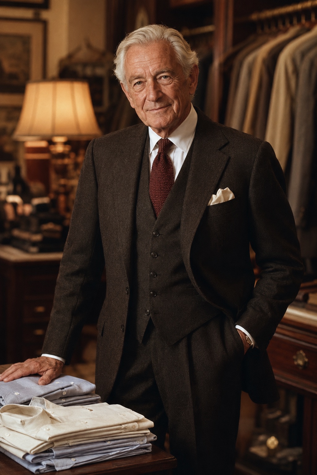 Bill Jordan in a brown three-piece suit, standing over a table of folded shirts in the shop