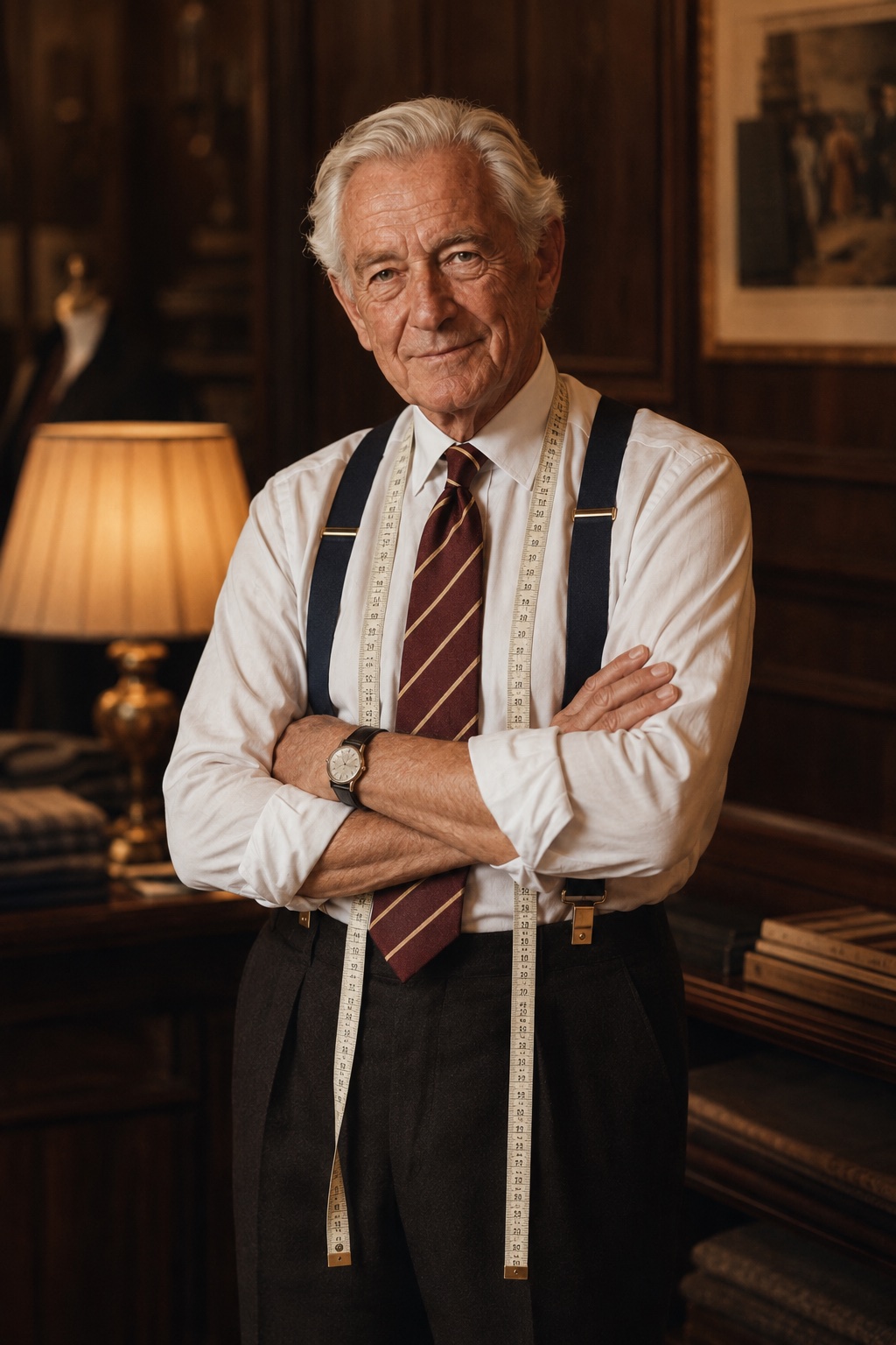Bill Jordan in shirtsleeves and braces, a tape measure draped around his neck